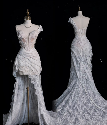 Niulatu High Low One Shoulder Lace White Long Wedding Dresses SD1843